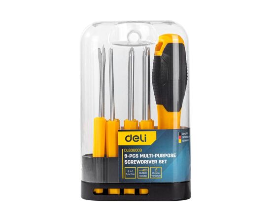  Отвертка многофункциональная Deli DL636009 8-в-1 1шт ручка, 3 биты PH0, PH1, PH2, 3 насадки с прорезями: 3 мм, 5 мм, 6 мм, 2 спец. биты 