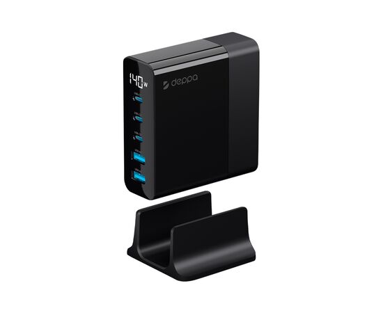  Зарядная станция Charging Station GaN 3xUSB Type-C, 2xUSB, PD, QC, 140Вт, черный, Deppa, 11437 