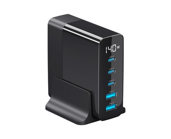  Зарядная станция Charging Station GaN 3xUSB Type-C, 2xUSB, PD, QC, 140Вт, черный, Deppa, 11437 