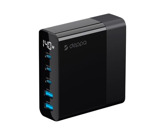 Зарядная станция Charging Station GaN 3xUSB Type-C, 2xUSB, PD, QC, 140Вт, черный, Deppa, 11437 