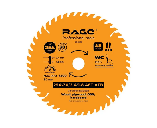  Диск пильный VIRA by Rage Universal 594238 254мм (10”) z48 посадка 30+25,4/20/16 