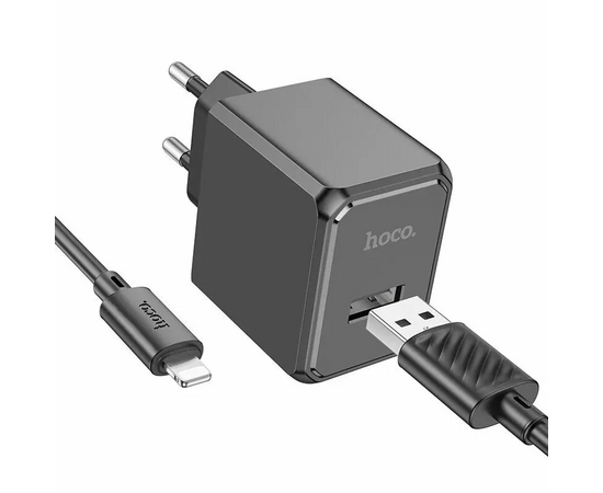  Блок питания сетевой 1 USB HOCO CS11A Ocean, 2.1А, кабель USB -  8 pin, цвет: чёрный (1/30/180) 