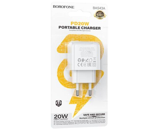  Сетевое ЗУ BOROFONE BAS43A/  PD/ Type-C/ Выход: 20W/ Белый 